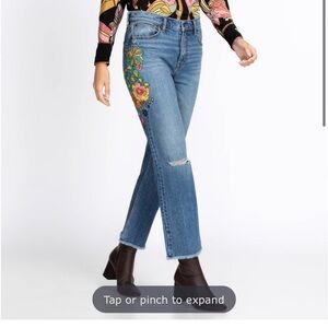 Size 26 Johnny Was Campana Cropped Straight Floral Embroidered Denim Jeans